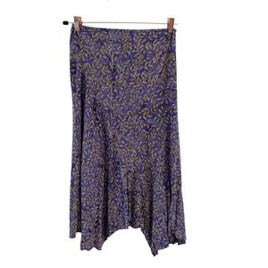 Vintage Boho Leaf Print MIdi Skirt Womens S Purple Boho‎ Festival Asymmetrical